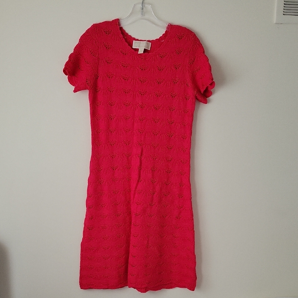 Michael Kors Women's Deep Pink Crochet Knit Sweater Dress- Size XS